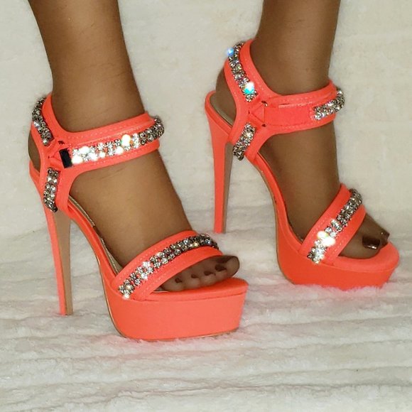 Genius Neon Orange Neoprene High Heel Platform Harness Shoes - Picture 4 of 12